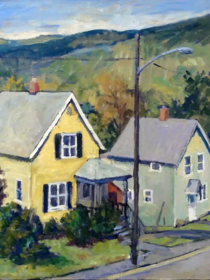 American Landscape Painting - Downhill/Autumn Houses - 14x20 Oil on Canvas, Realist Landscape, Signed Original Plein Air Impressionism