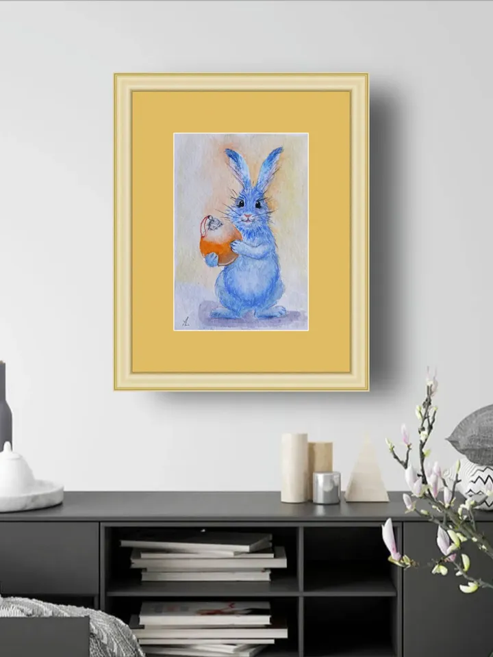 Rabbit painting original watercolor art blue Rabbit Christmas card miniature art