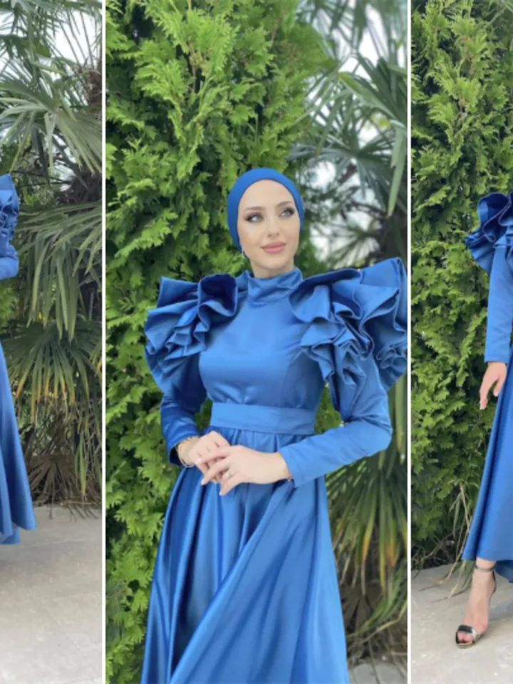 Defne Ahunare Blue Satin Shoulder Detail Wedding Dress, Muslim Evening Gown, Nikah, Islamic Wedding, Engagement, Bridesmaid, Maxi Dress