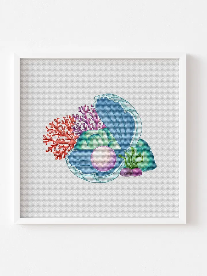 Pearl Cross Stitch Pattern, Sea Counted Cross Stitch Chart, Pearl Watercolor Cross Stitch Pattern, Clam Cross Stitch Pattern, PDF Download