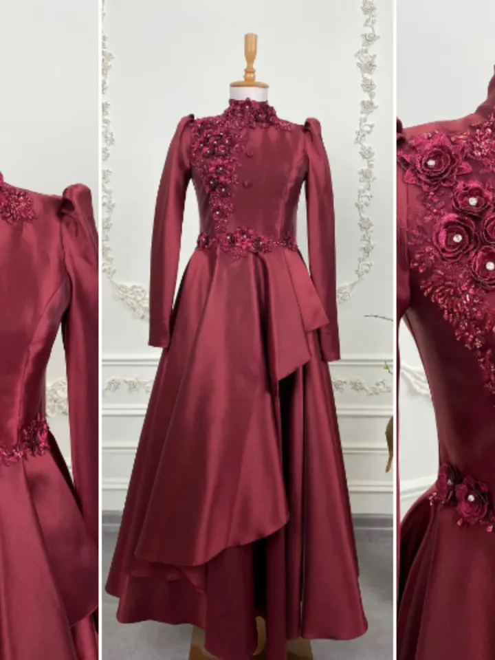AHUNARE HIJAB - İnci Burgundy Embroidered Satin Wedding Dress, Muslim Evening Gown, Nikah, Islamic Wedding, Engagement, Bridesmaid,