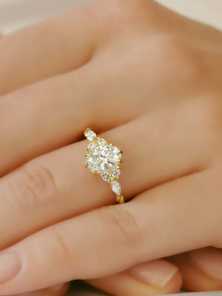 OVAL MOISSANITE RING | Moissanite 2 Ct Halo Diamond Gold Ring | Oval Wedding Ring | Gift For Engagement | 14k Gold Marquise Cluster Ring