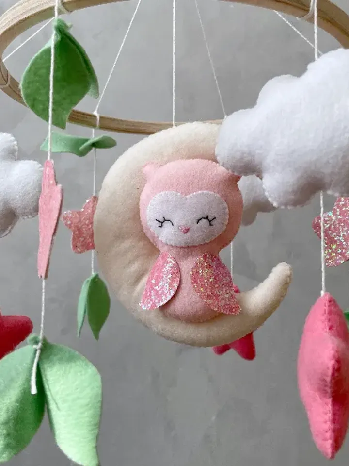 Owl crib mobile girl pink, Woodland baby mobile girl, Pink and mint nursery woodland decor