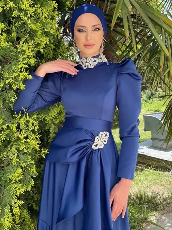 Ahsen Navy Blue Satin Tailed Embroidered Ahuanre Wedding Dress, Muslim Evening Gown, Islamic Wedding, Engagement, Bridesmaid,