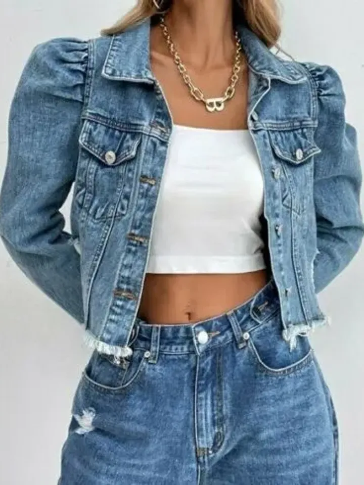 Women Ladies Puff Sleeve Raw Hem Pockets Button Front Crop Jean Denim Jacket