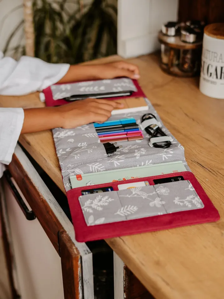 Burgundy Case for office supplies (pencils, pens, sketchbooks) and gadgets
