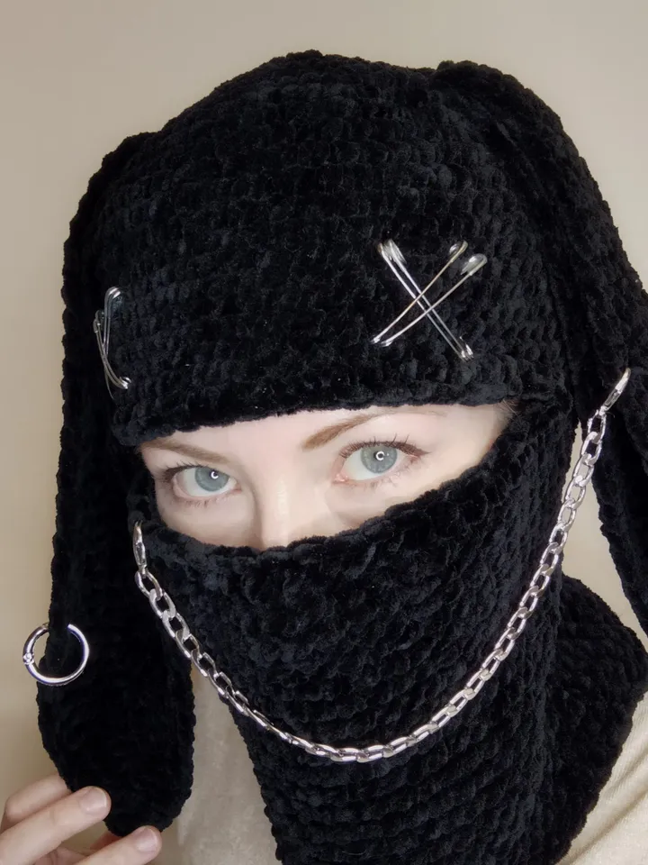 Black bunny balaclava crochet Balaclava with bunny ears Halloween bunny full face mask Creepy bunny balaclava
