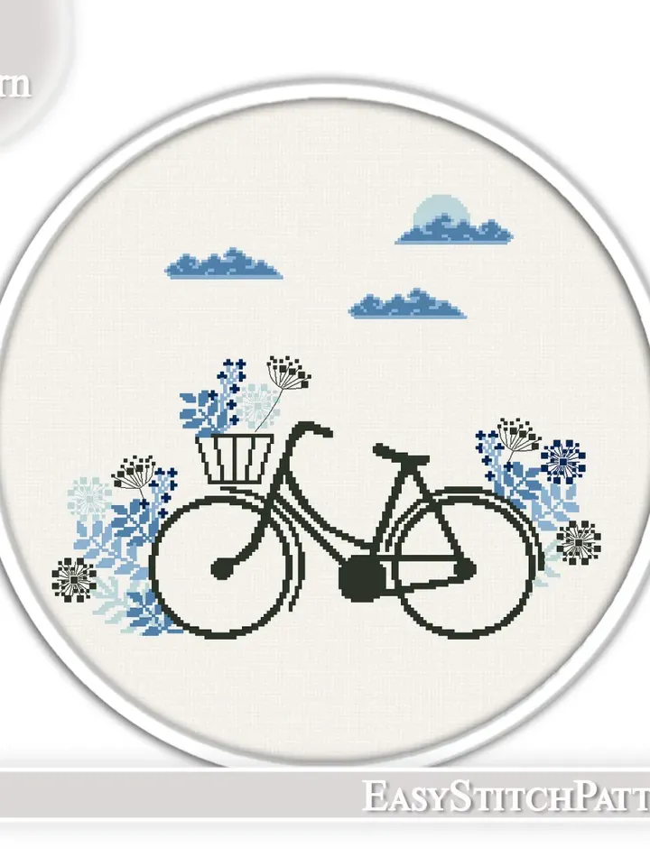 Bike cross stitch pattern. Bicycle cross stitch pattern. Floral cross stitch.