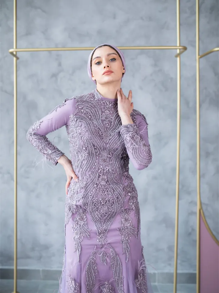 AHUNARE HIJAB - Laiya lilac Mermaid Embroidered Handwork Wedding Dress, Muslim Evening Gown, Islamic Wedding, Engagement, Bridesmaid,