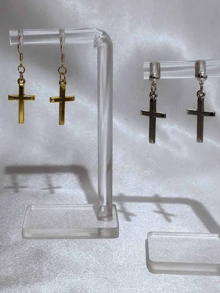 Christian Stainless Steel & Gold plated Cross Charm Studs and Earrings. Gothic, Minimalistic, Unisex