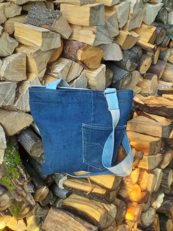 Blue denim ,jeans bag ,upcycling , Bag with winter landscape