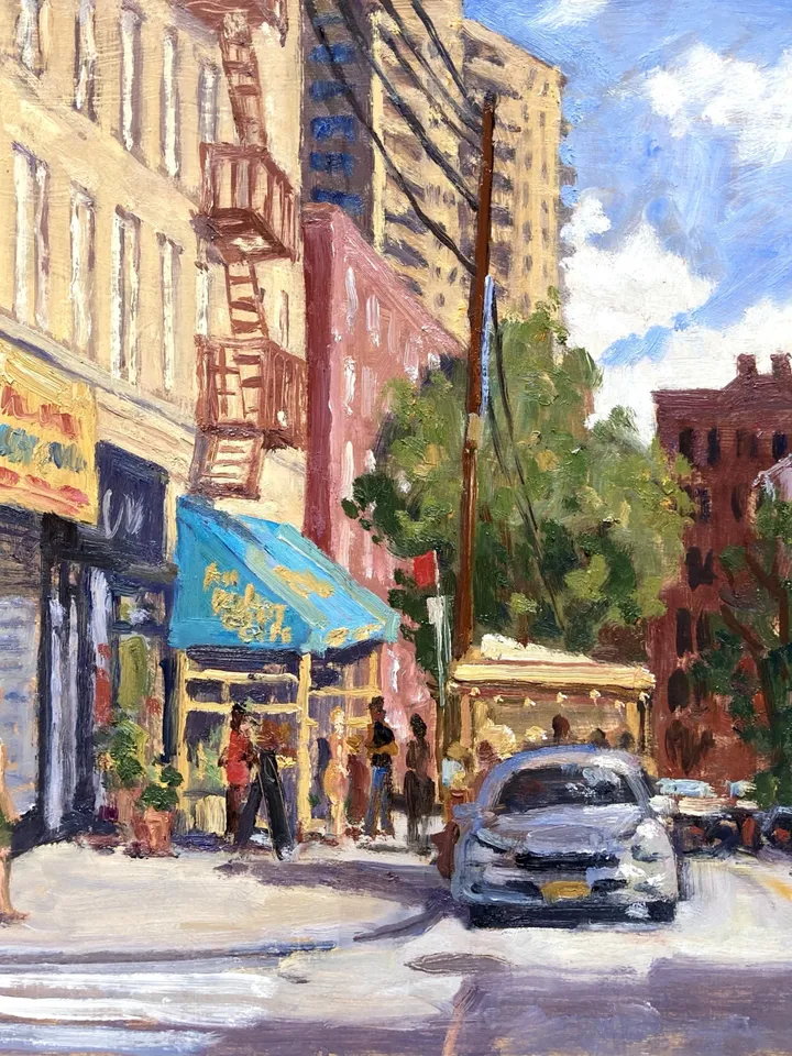 Original Bronx Cityscape Painting - An Beal Bocht Cafe/NYC - 12x12 Oil on Panel, Impressionist Landscape