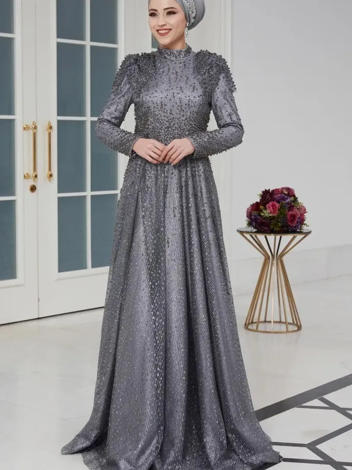 AHUNARE HIJAB - Firuze Grey Tulle Wedding Dress, Muslim Evening Gown, Nikah, Islamic Wedding, Engagement, Bridesmaid,