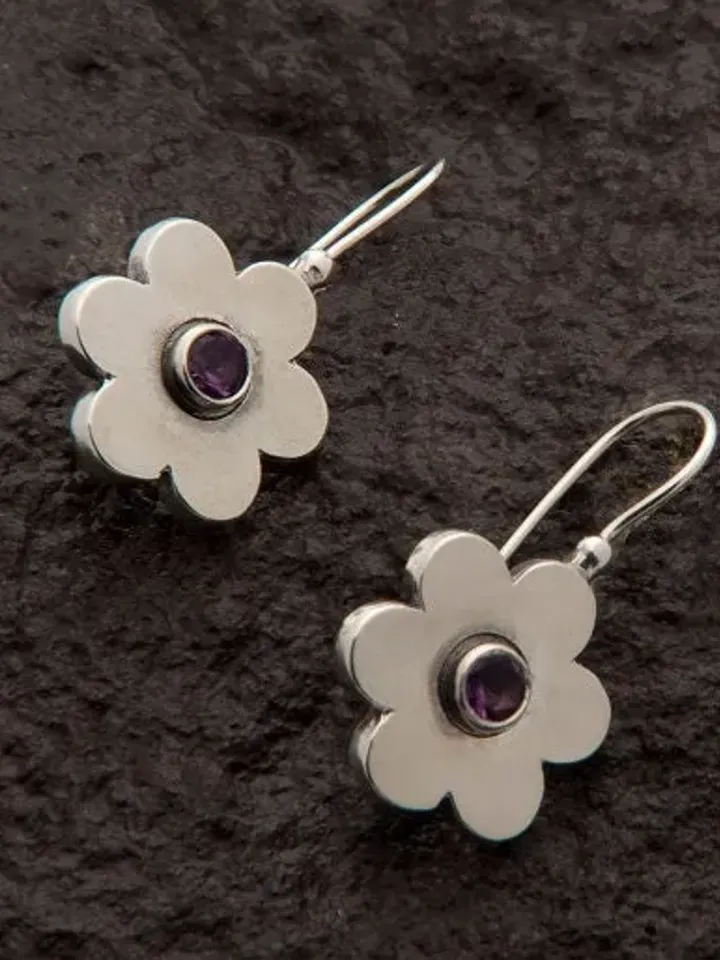 Sterling Silver Dangle Flower Earrings with Amethysts