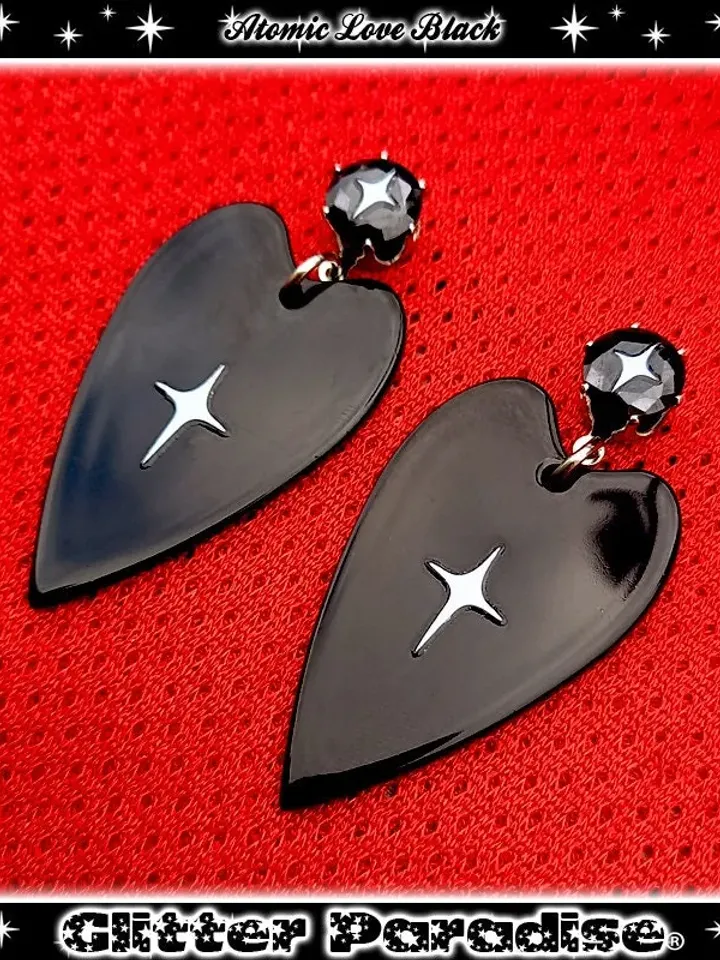 Atomic Love Deluxe - Earrings - Heart Drop - Retro Valentines Jewelry - Black Heart - 50s Lovers Earrings - Love Jewelry - Glitter Paradise®
