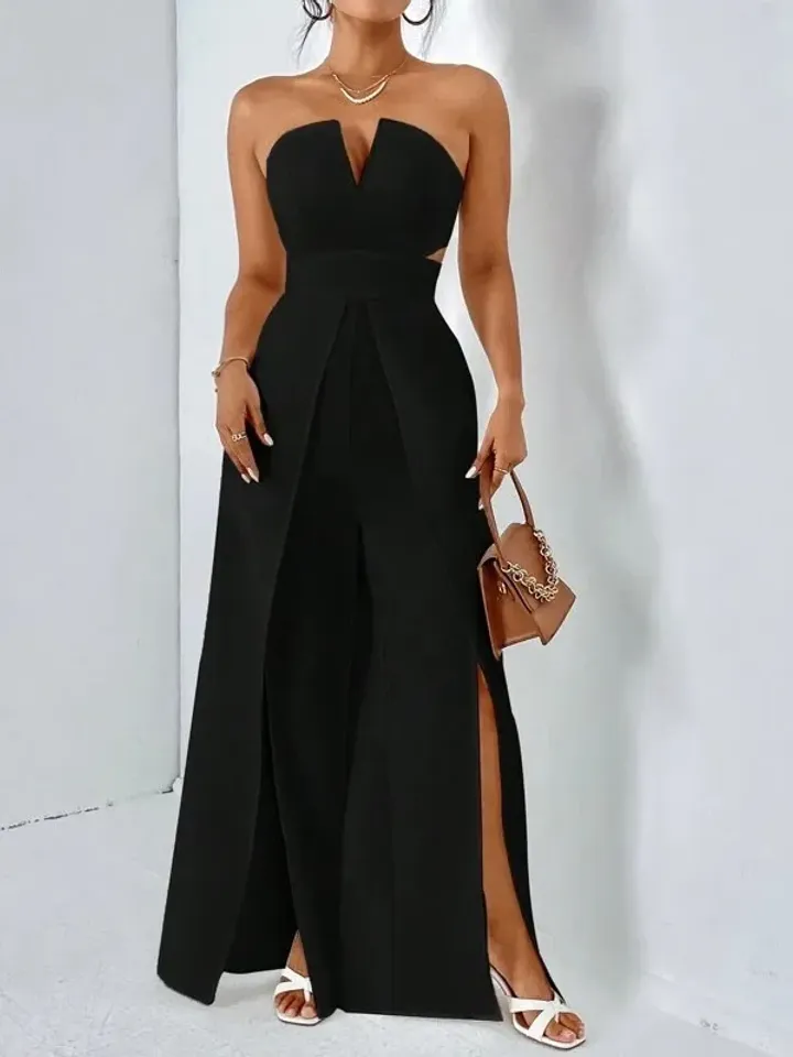 Black Solid Notched Neck Sleeveless Strapless Split Thigh Leg Tube Jumpsuit Women Ladies Casual Party Evening