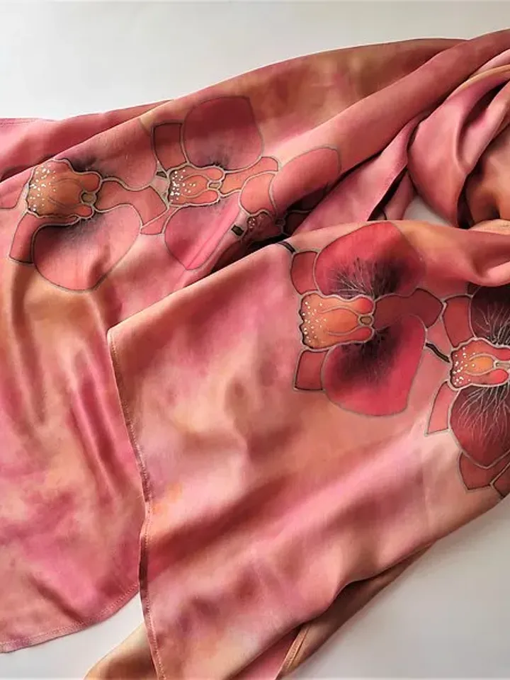Beautiful long silk scarf Hand painted scarf Orchid print scarf silk satin scarf