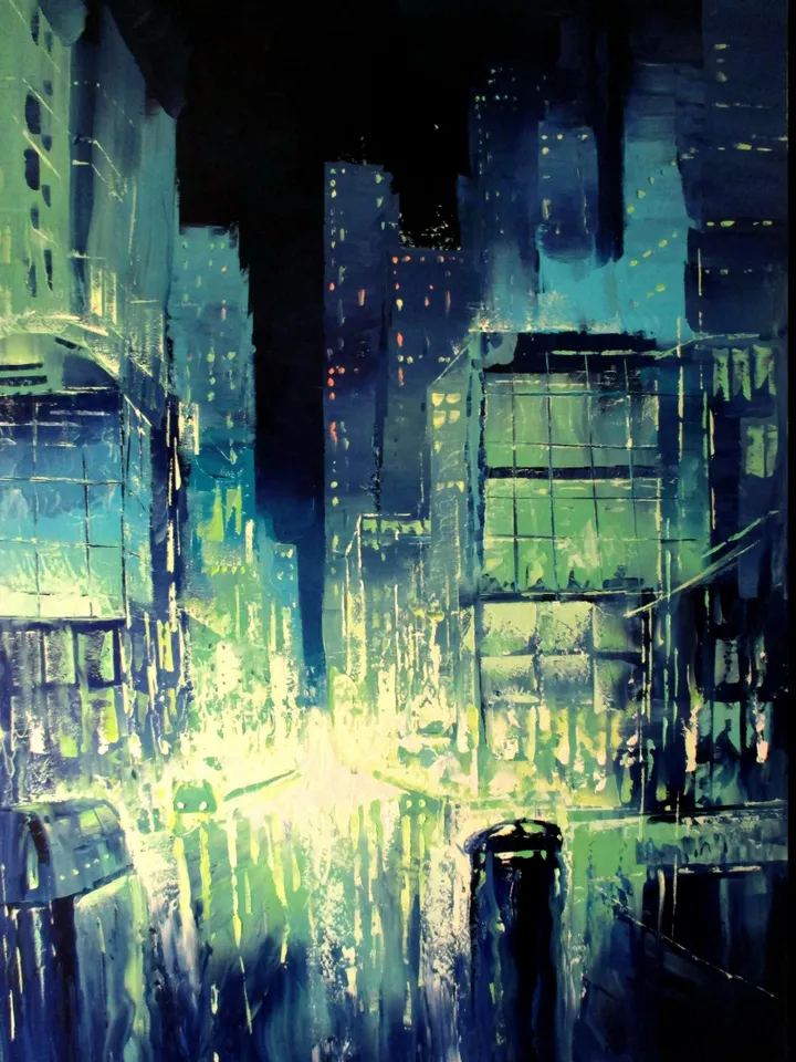 Cyberpunk Painting "MALACHITE NIGHT" Original Oil Painting on Canvas, Modern City Original Art by "Walperion Paintings"