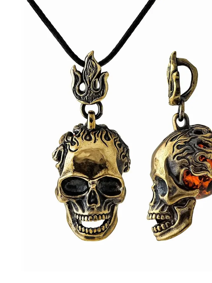 Gold Skull Men Necklace Pendant cord Punk Hip Hop for Boyfriend Male Stainless Steel Brass Baltic Amber Jewelry Men