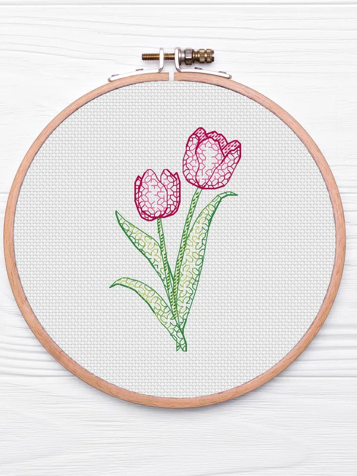 Tulip Blackwork Embroidery in Colour Pattern PDF, Spring Tulips, Modern Backstitch Pattern, Counted Blackwork, Сross Stitch Chart