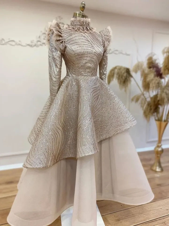AHUNARE HIJAB - Sultan Gold Frilly Embroidered Wedding Dress, Muslim Evening Gown, Nikah, Islamic Wedding, Engagement, Bridesmaid,