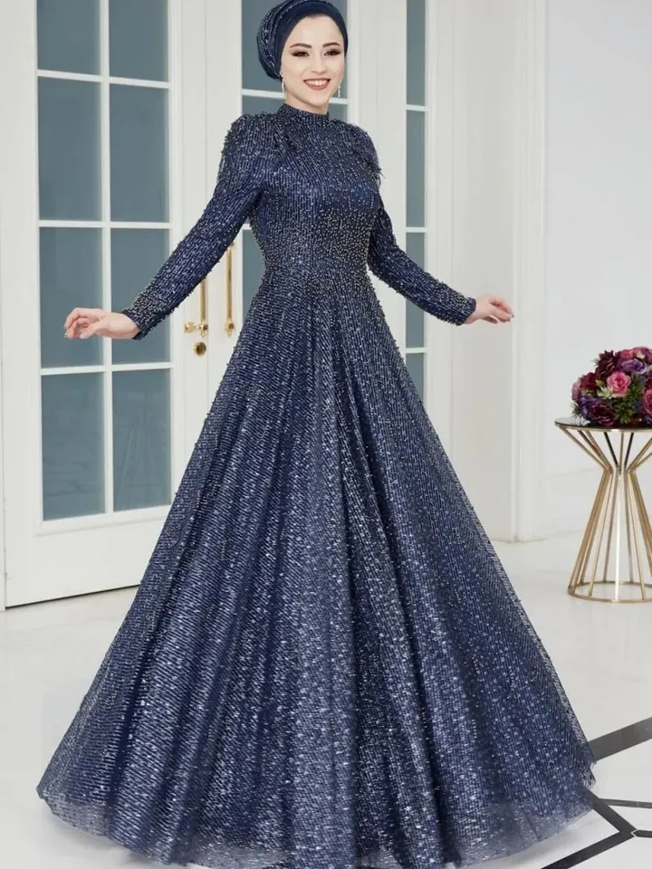 AHUNARE HIJAB - Firuze Navy Blue Tulle Wedding Dress, Muslim Evening Gown, Nikah, Islamic Wedding, Engagement, Bridesmaid,