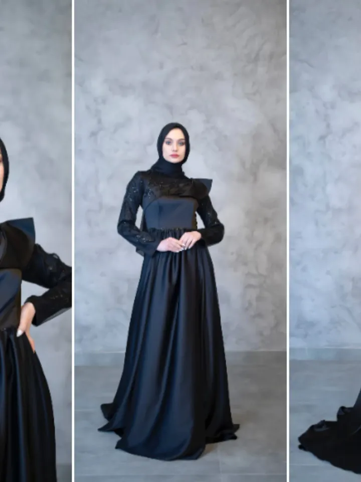 AHUNARE HIJAB - Mahra Black Satin Wedding Dress, Muslim Evening Gown, Nikah, Islamic Wedding, Engagement, Bridesmaid,