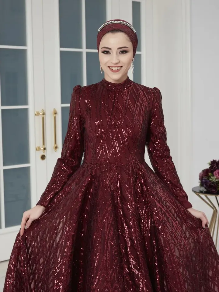 AHUNARE HIJAB - Prenses Burgundy Embroidered Wedding Dress, Muslim Evening Gown, Nikah, Islamic Wedding, Engagement, Bridesmaid,