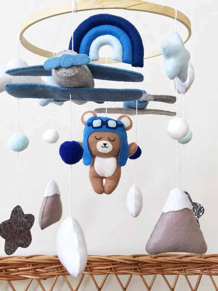 Pilot bear baby mobile. Airplane mobile for travel nursery. Rainbow mobile boy. Adventure nursery decor. Woodland mobile