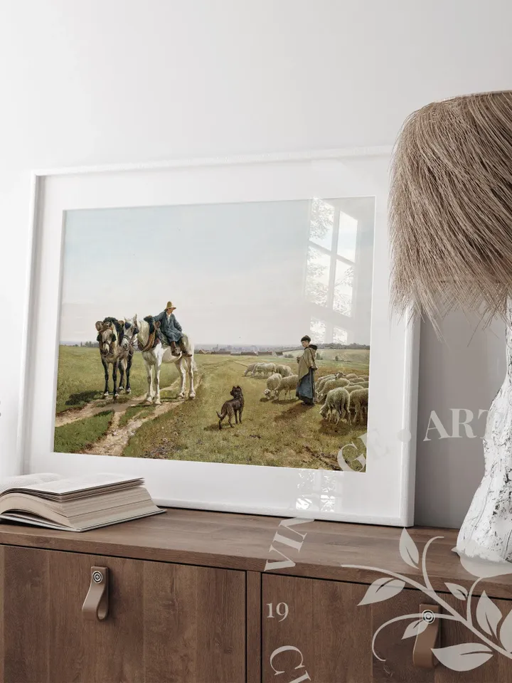 Ranch Art Print Antique Landscape Oil Painting, Farm Animal Vintage Farmhouse Decor, Downloadable PRINTABLE | #06