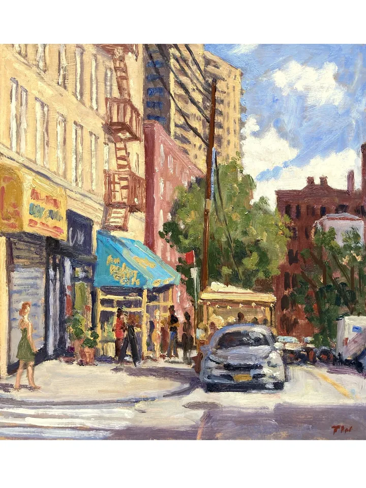 Original Bronx Cityscape Painting - An Beal Bocht Cafe/NYC - 12x12 Oil on Panel, Impressionist Landscape