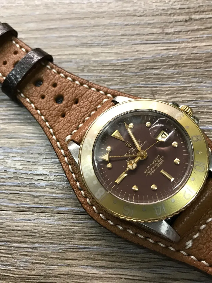 Handmade Leather watch band, Full bund strap, Leather Cuff watch Strap 20mm, Brown cuff watch band, Brogue pattern, leather watch band