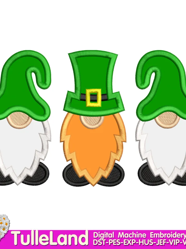 St Patrick's Day Gnome Green Shamrock Gnome with Leprechaun Hat Gnome with clover Applique Design for Machine Embroidery
