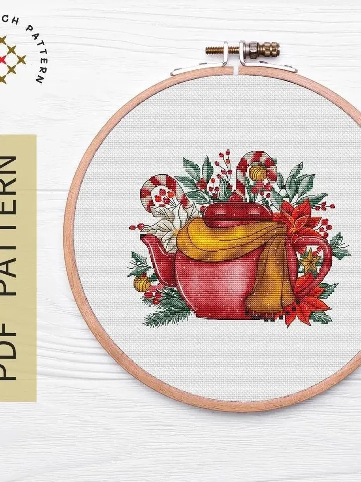 Christmas Teapot Cross Stitch Pattern, Christmas Cross Stitch Pattern, Winter Counted Cross Stitch, Christmas Embroidery Digital Pattern