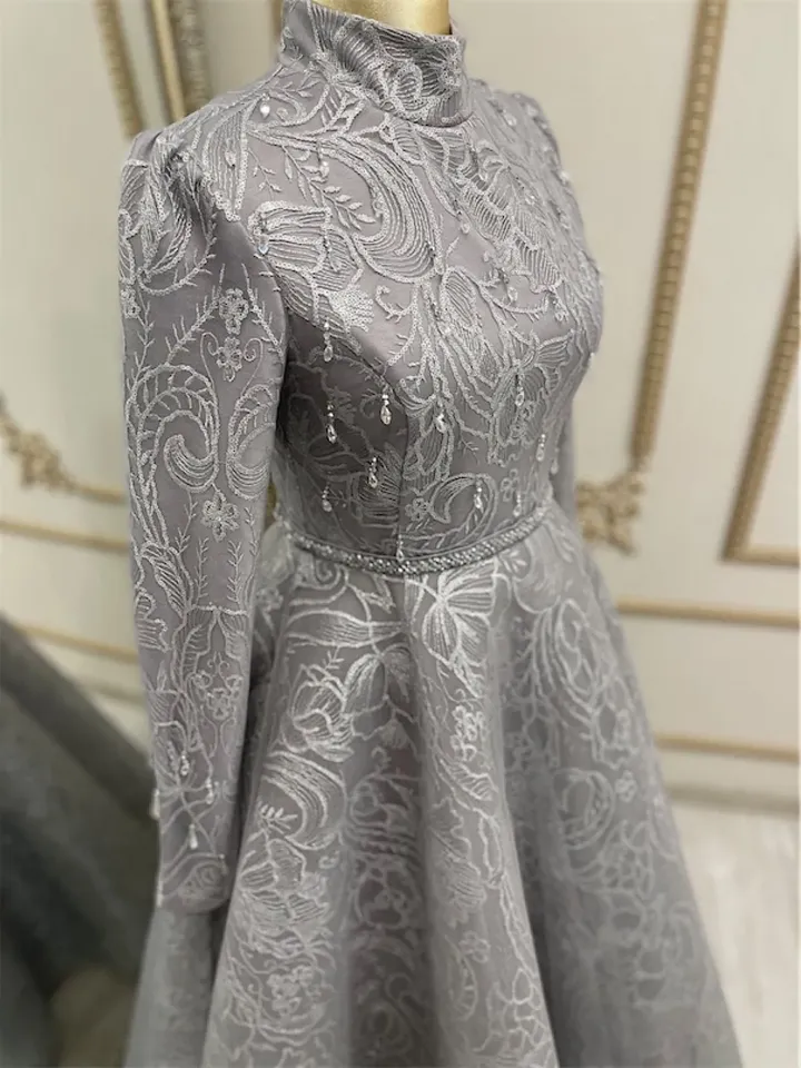 AHUNARE HIJAB - Burç Grey Lace Embroidered Wedding Dress, Muslim Evening Gown, Nikah, Islamic Wedding, Engagement, Bridesmaid,
