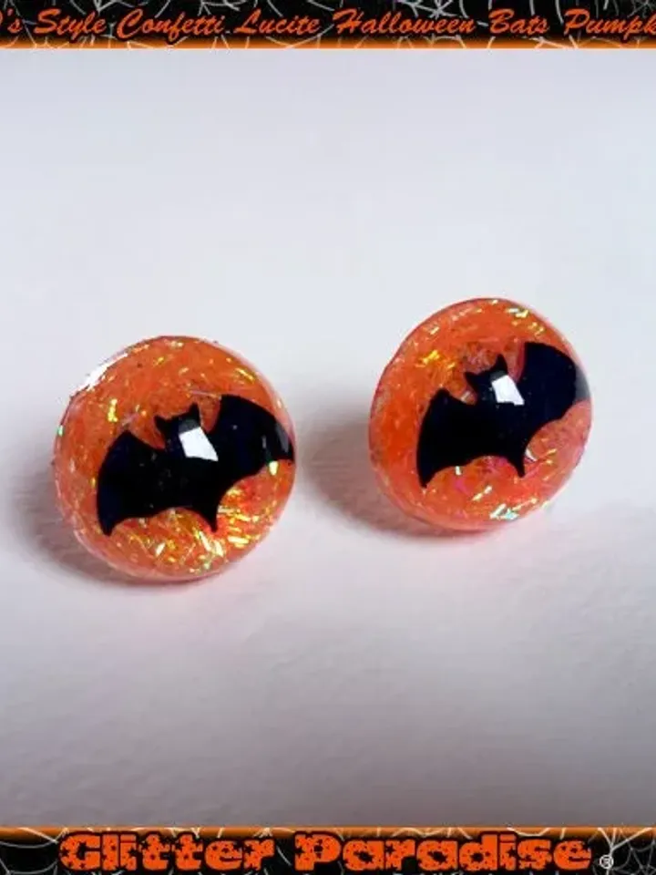 Lucite Pumpkin Bat - Earrings - Witch Jewelry - Spooky - Retro Halloween Jewelry - Halloween Earrings - Ghoul Jewelry - Glitter Paradise®