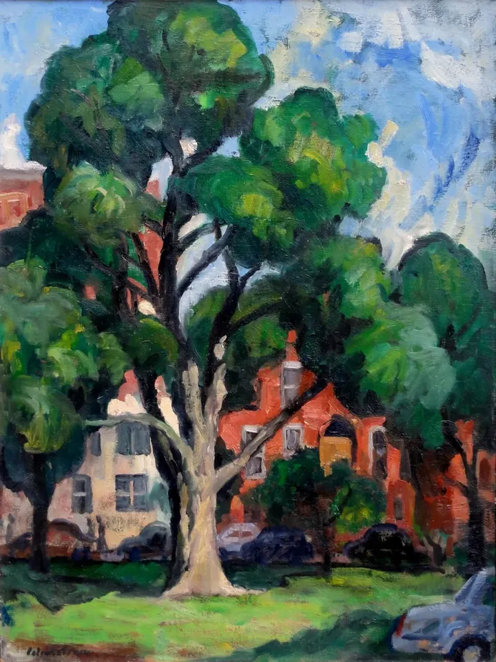 New York Landscape Painting - Tree and Brownstones/Albany- 18x24 Oil on Linen, Plein Air Impressionist Signed Original