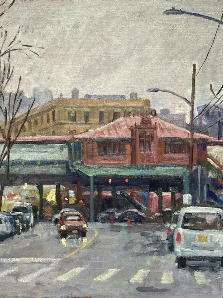 Original Bronx Oil Painting - Rainy 238th Street/NYC- 14x20 Oil on Canvas, Urban Impressionist Street Scene, Signed Original