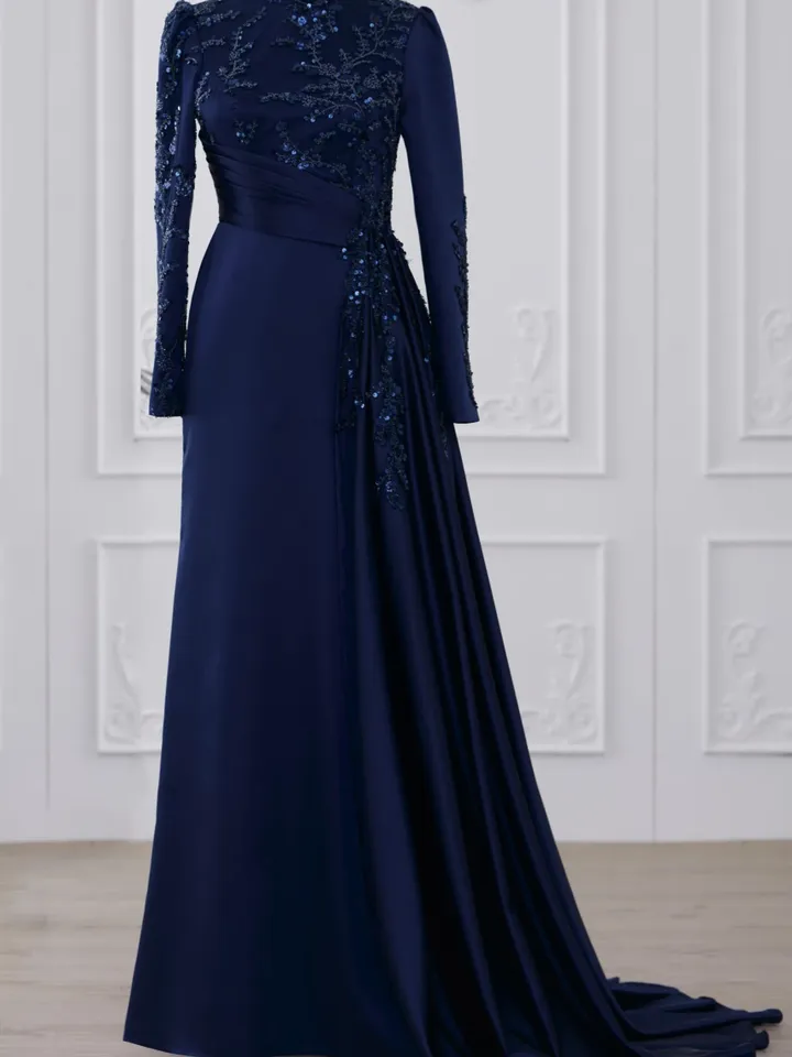 AHUNARE HIJAB - Tılsım  Navy Blue Satin Wedding Dress, Muslim Evening Gown, Nikah, Islamic Wedding, Engagement, Bridesmaid,
