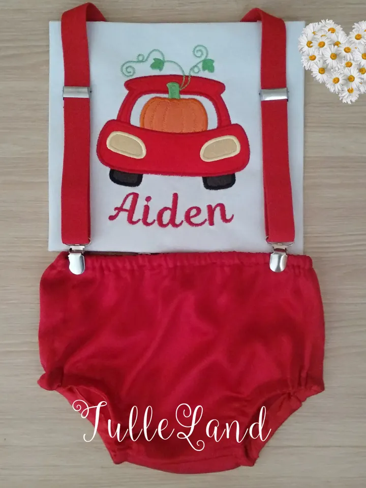 Halloween Red Truck with Pumpkin Machine embroidery applique design