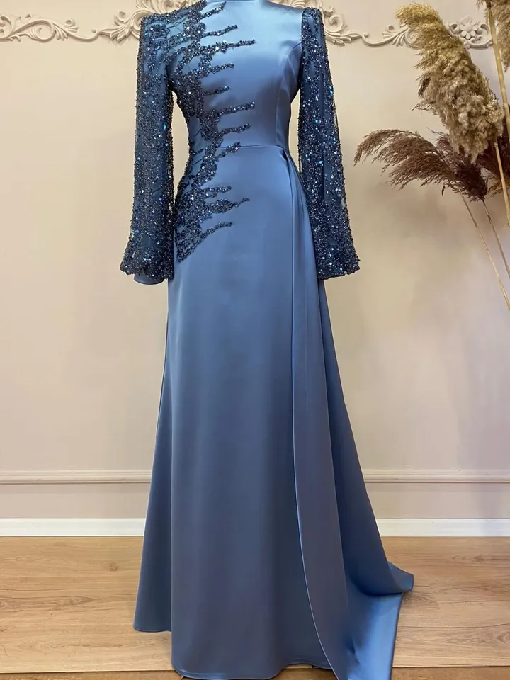 Yaprak Blue Satin Embroidered Side-Tailed Ahunare Wedding Dress, Muslim Evening Gown,Islamic Wedding, Engagement, Bridesmaid, Maxi Dress