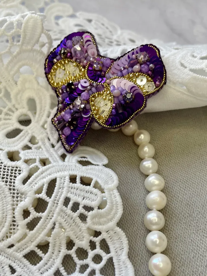 Beaded Brooch Exquisite Purple Bow In Gold, Handmade Embroidered Jewelry, Delicate Brooch, Pin Purple, Embroidery