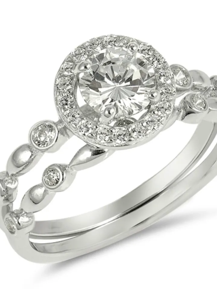 Wedding Ring Set, Sterling Silver Ring, 2 Rings, Halo Ring Set, Engagement, Promise Ring, Cubic Zirconia, Bridal, for Women, Size 5 to 10