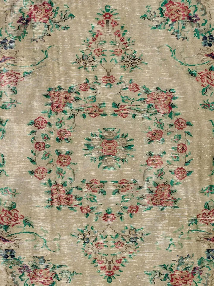 Transform Your Room with the Traditional Turkish Rug - 5.5ft x 8.5ft Beige Carpet with Flower Embossing and Vintage Floral Frame