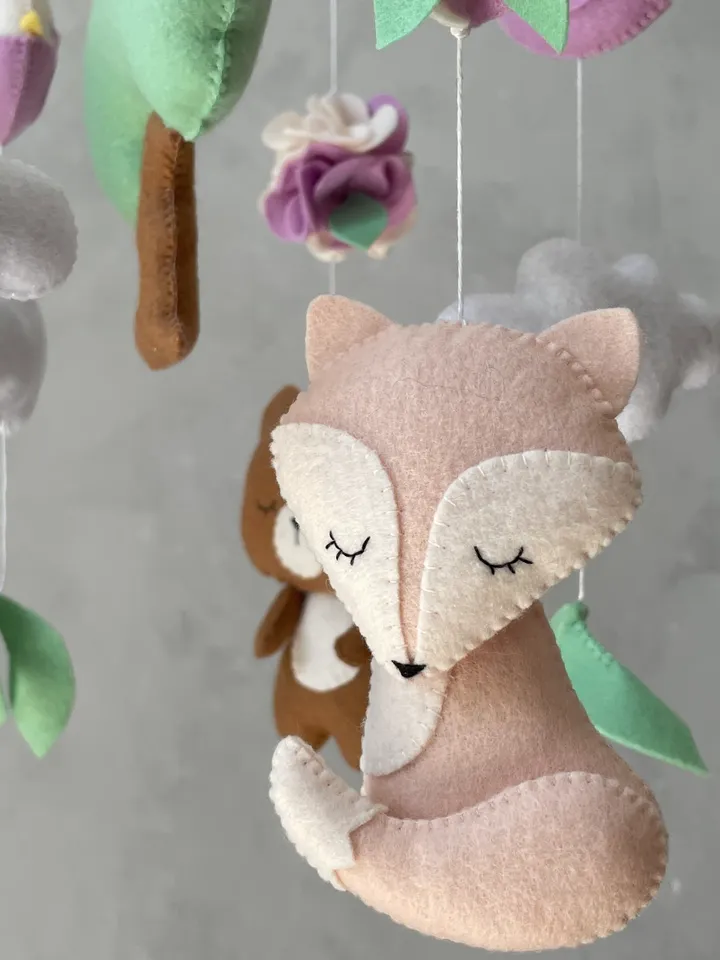 Boho baby mobile girl. Woodland baby mobile. Fox bunny bear birds mobile. Woodland nursery decor girl