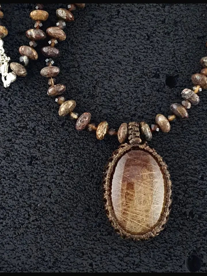 Silver Necklace with Brown Agate and Jasper Gemstone Beads and Rutilated Quartz Pendant, Rutil Quartz Handmade Necklace Gifts for