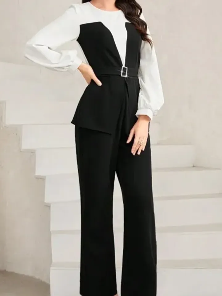 Elegant Colorblock Round Neck Bishop Sleeve Belted Jumpsuit Casual Women Ladies