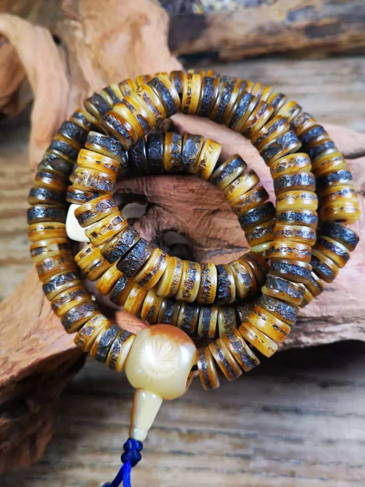 Gandhanra Original Tibetan Yak Bone Mala, Hand-carved Tibetan Prayer Beads Necklace,40 Years Old