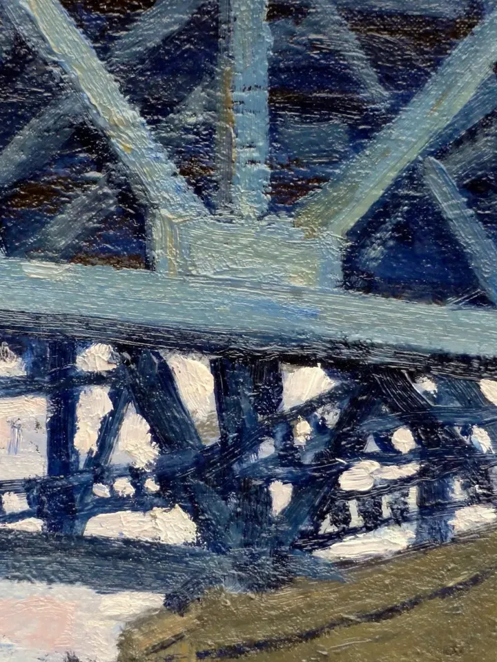 Original Vintage Greenpoint Cityscape Painting - Under the Kosciuszko Bridge/Brooklyn/NYC - 14x18 Oil on Canvas, New York Landscape