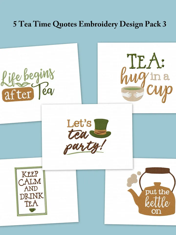 5 Tea Time Quotes Embroidery Design Pack 3,7 sizes,Chop it, Match Instant Download,Digital Machine,Holiday Applique Design,Gnomes Embroidery